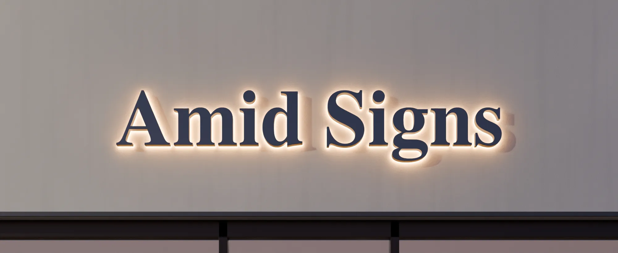 Navy halo-lit stainless channel letters reading Amid Signs on a storefront