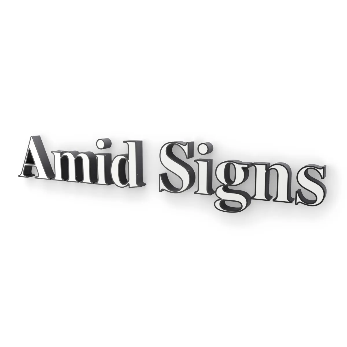 Front-lit channel letters reading Amid Signs on a white background
