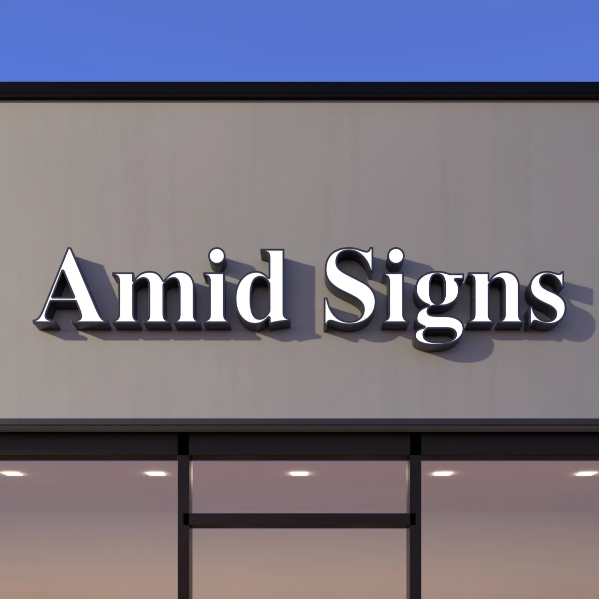 White front-lit channel letters reading Amid Signs on a storefront fascia above the shop windows