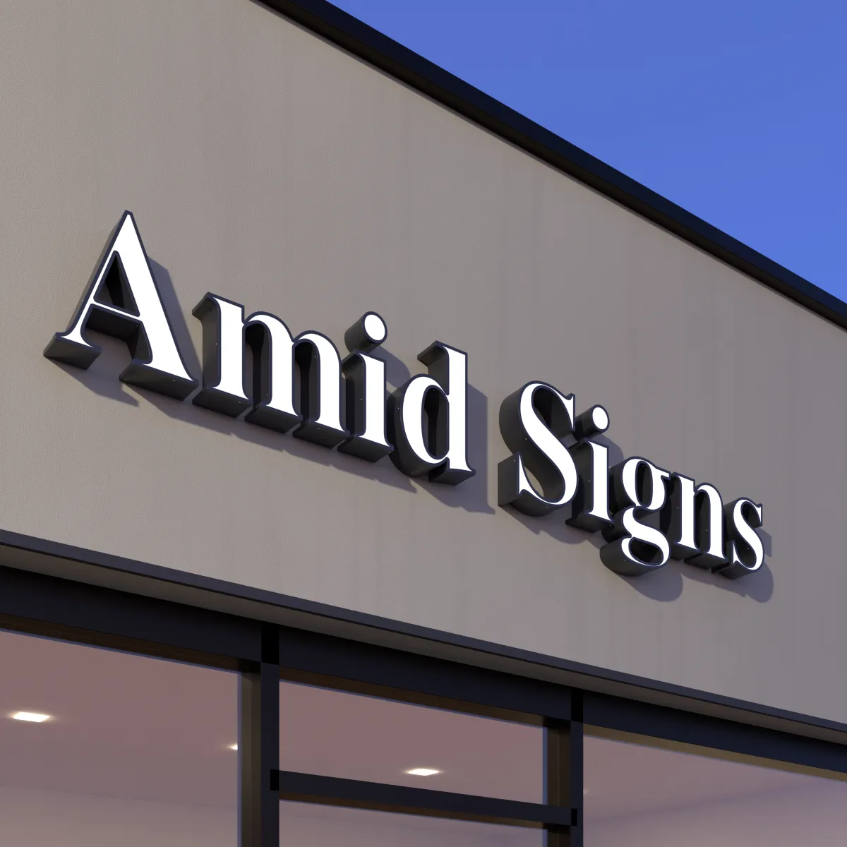 White front-lit channel letters with dark returns reading Amid Signs on a storefront fascia above the windows, seen from below at an angle