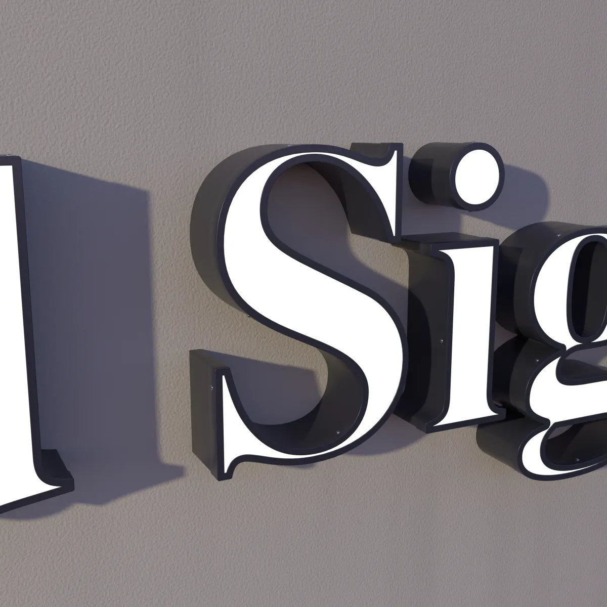 Close-up of white front-lit letters S, i and g with dark returns, each letter mounted on its own on a textured wall