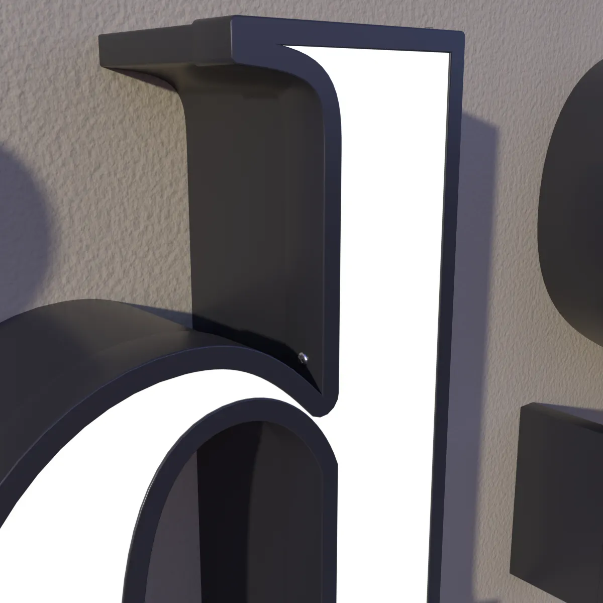 Close-up of a lit front-lit letter d: the white acrylic face set in a dark stainless steel return, on a textured wall