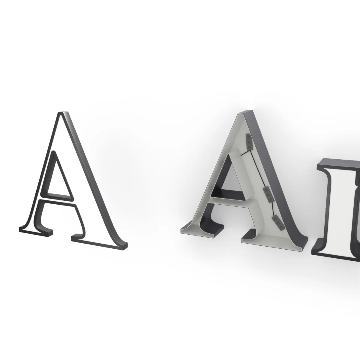 Two parts of a front-lit letter A side by side: the face with its dark edge, and the stainless steel shell with LED modules wired inside