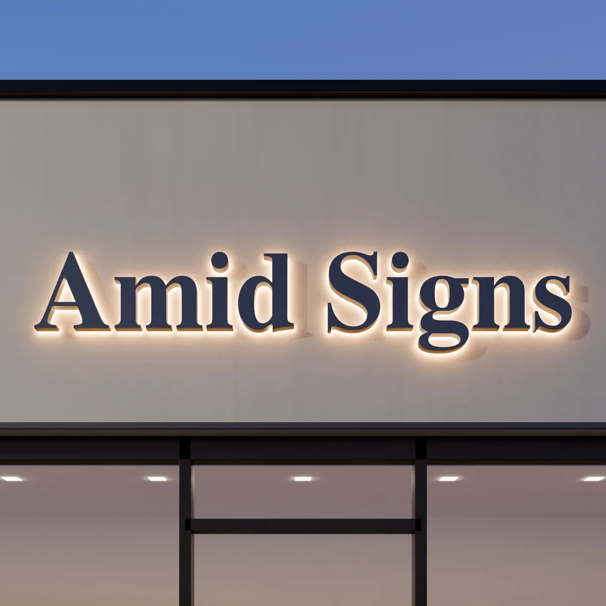 Navy halo-lit letters reading Amid Signs above a storefront window, seen straight on