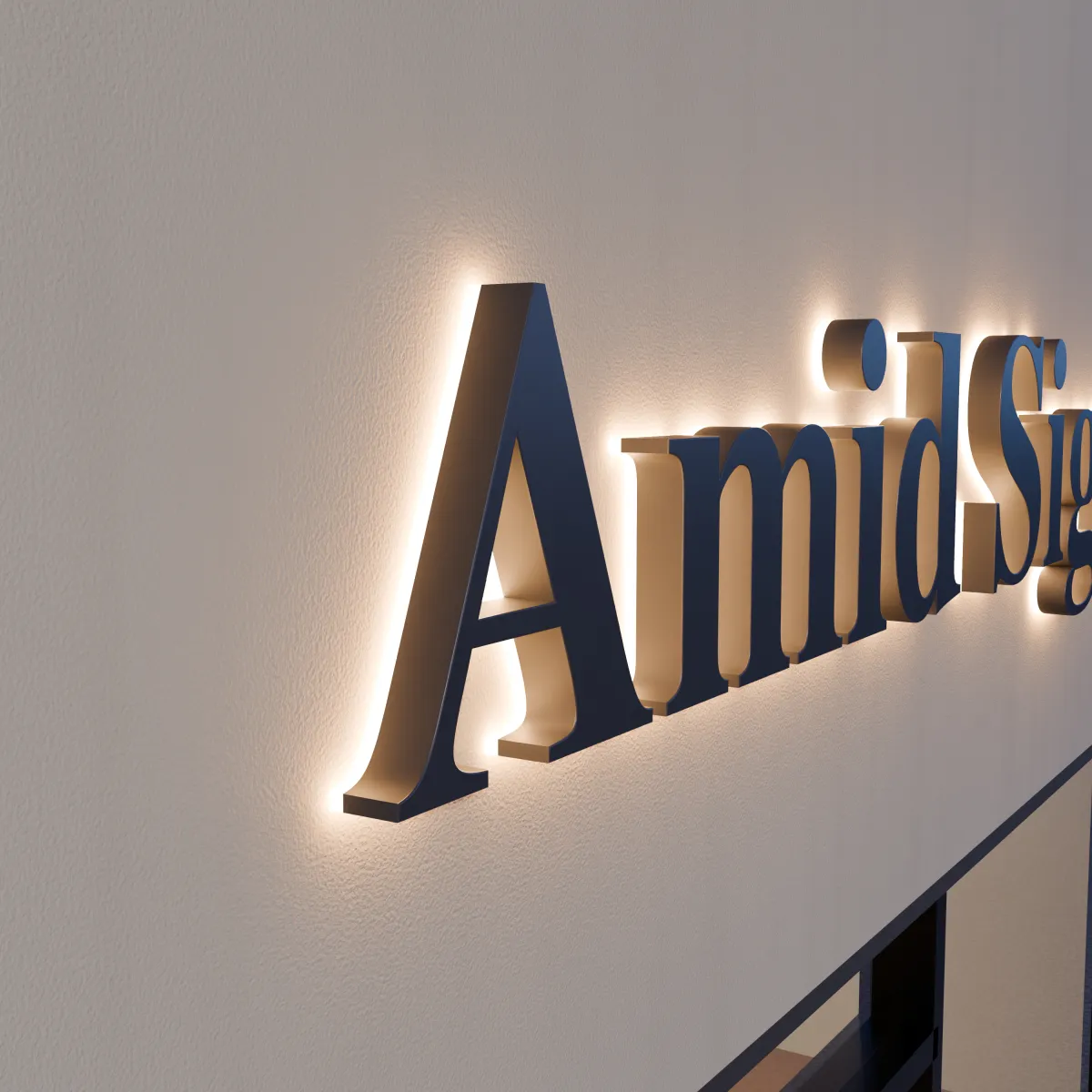 Navy halo-lit letters reading Amid Signs on a light wall, seen from the side, with warm light glowing around each letter