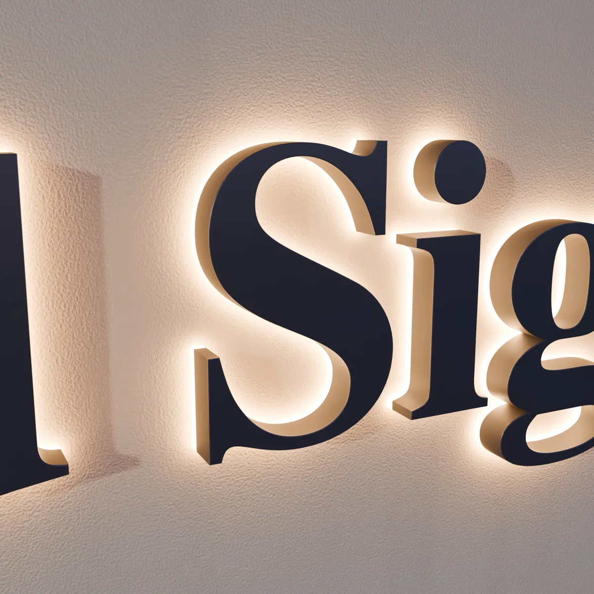Close-up of a navy halo-lit S with light glowing on the wall around its edge