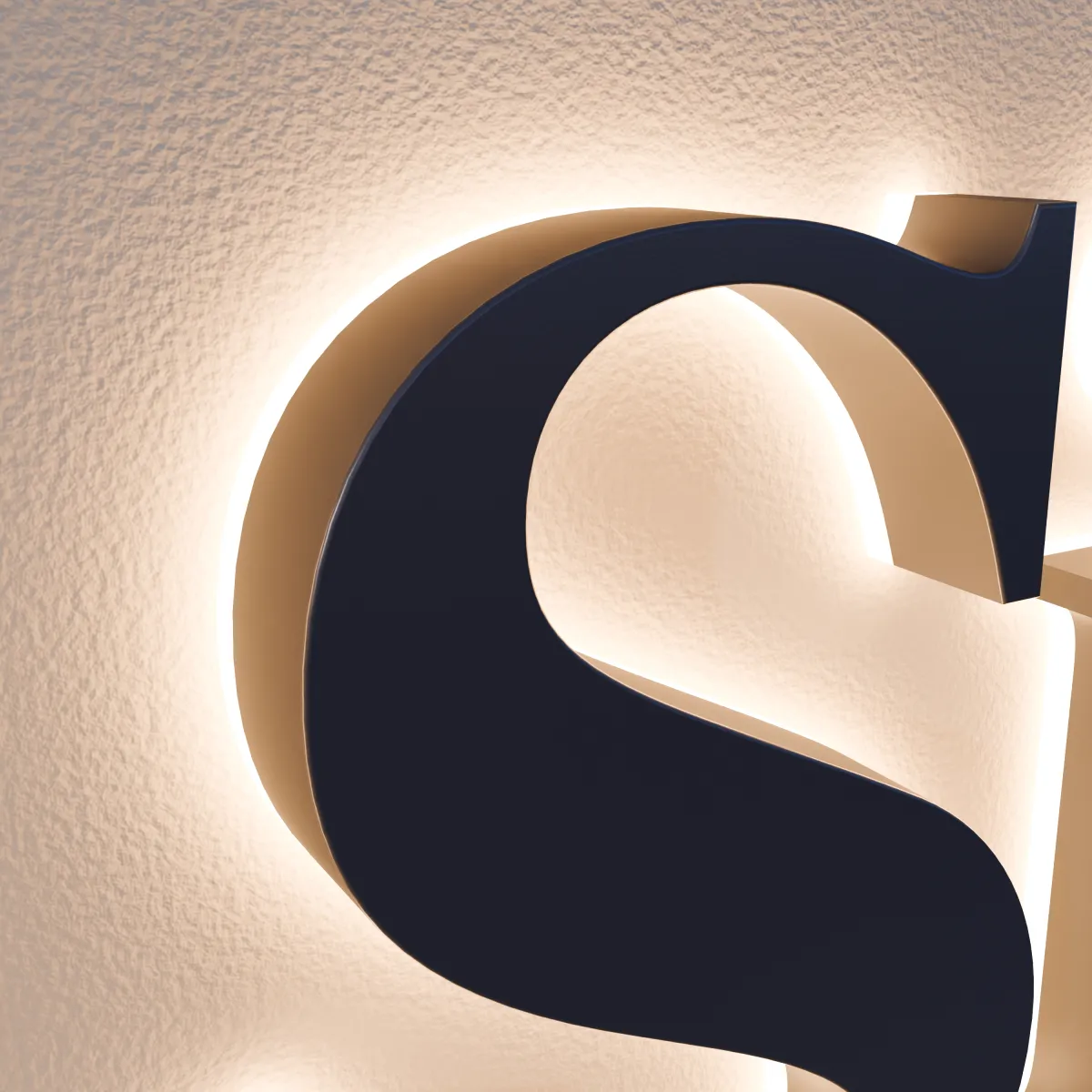 Close-up of a navy halo-lit S on a textured wall, with light glowing around its edge