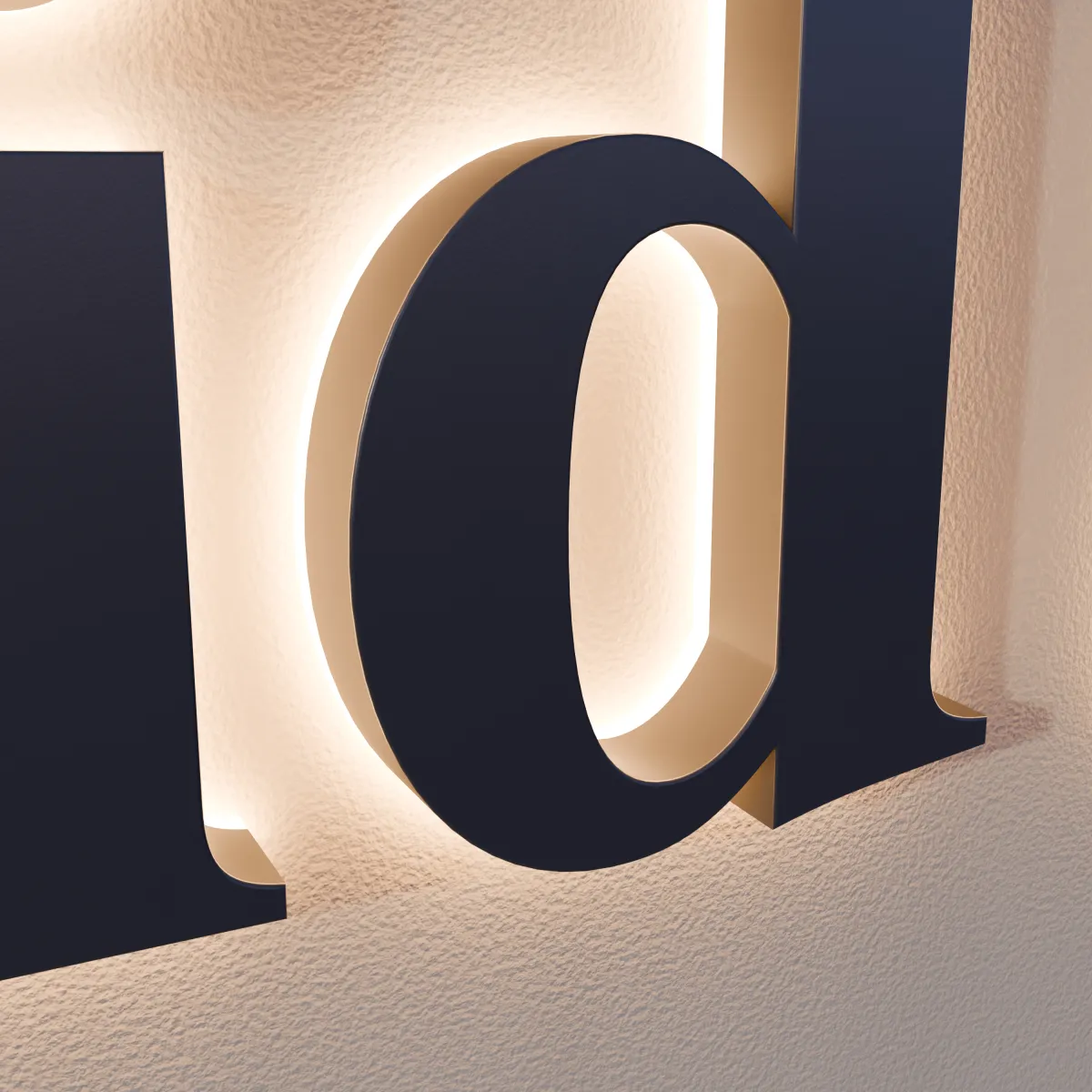 Close-up of navy halo-lit letters i and d on a textured cream wall, with warm light glowing around them and inside the curve of the d