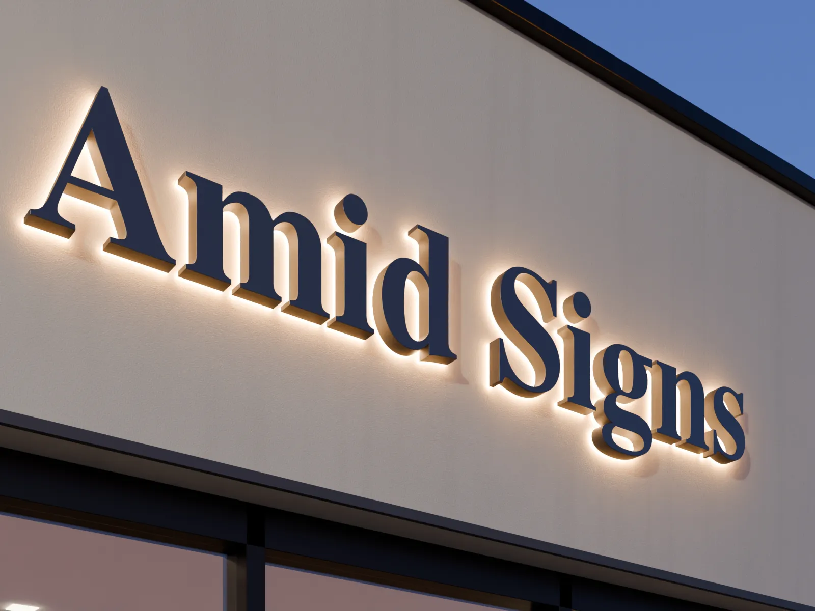 Navy halo-lit letters reading Amid Signs on a storefront fascia