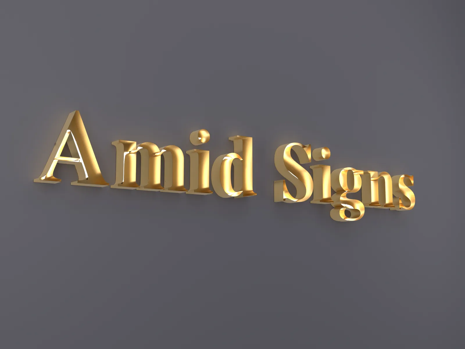 Gold open-face channel letters with LED neon inside, seen from an angle
