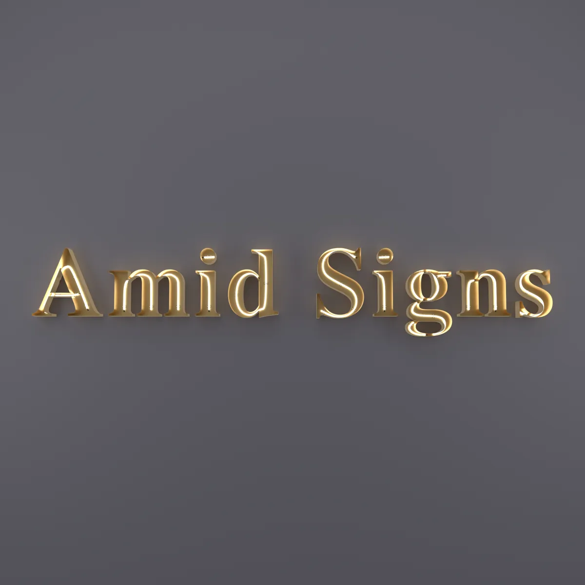 Gold open-face channel letters with LED neon inside, glowing on a grey wall