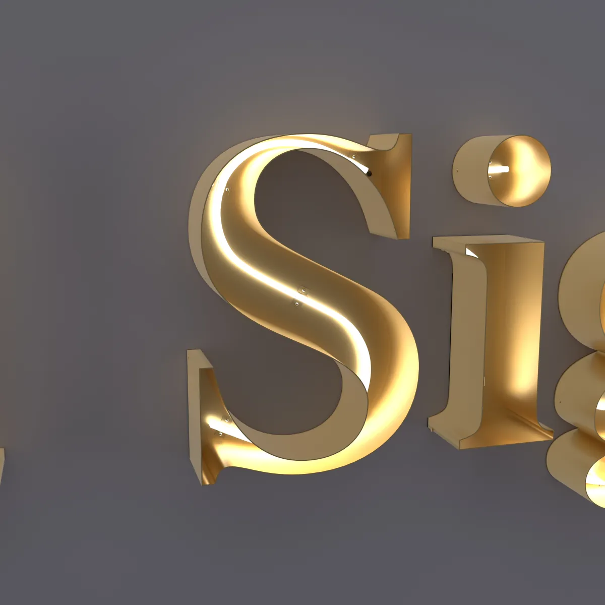 Close-up of a gold open-face letter S with LED neon inside