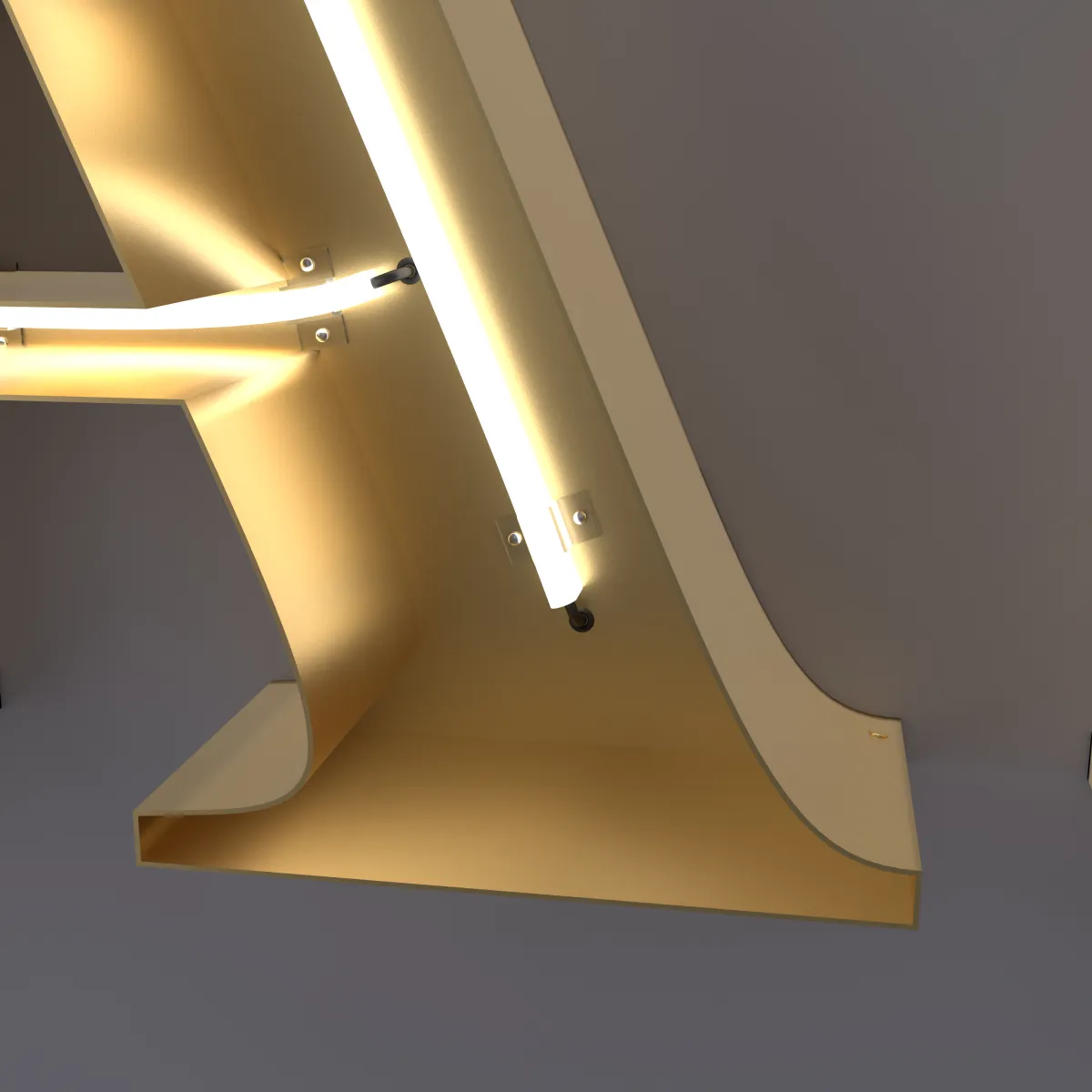 Inside an open-face letter: LED neon held by clips in a gold stainless channel