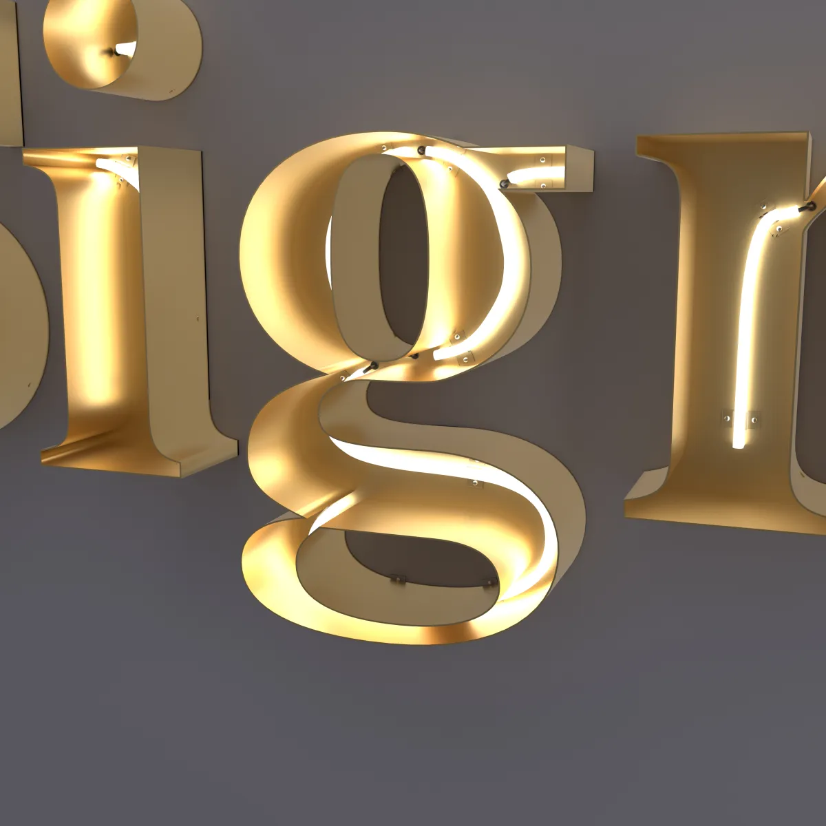 Close-up of gold open-face letters i, g and n on a grey wall, with LED neon glowing along the middle of each stroke