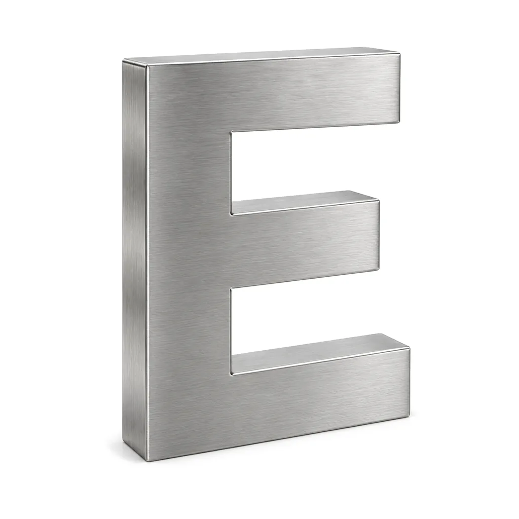 Brushed stainless steel letter E, non-lit, with a fine satin grain on the face and returns, on white