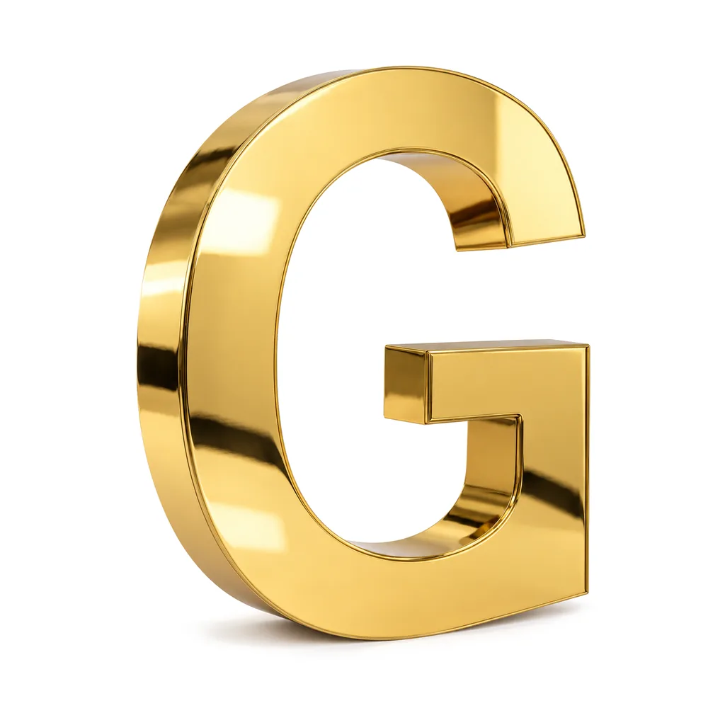 Mirror gold stainless steel letter G, non-lit, reflecting soft studio light, on a white background