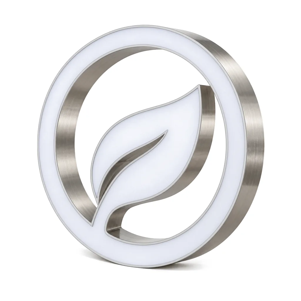Logo iluminado con forma de círculo y una hoja adentro, laterales de acero cepillado y cara de acrílico blanco, apagado