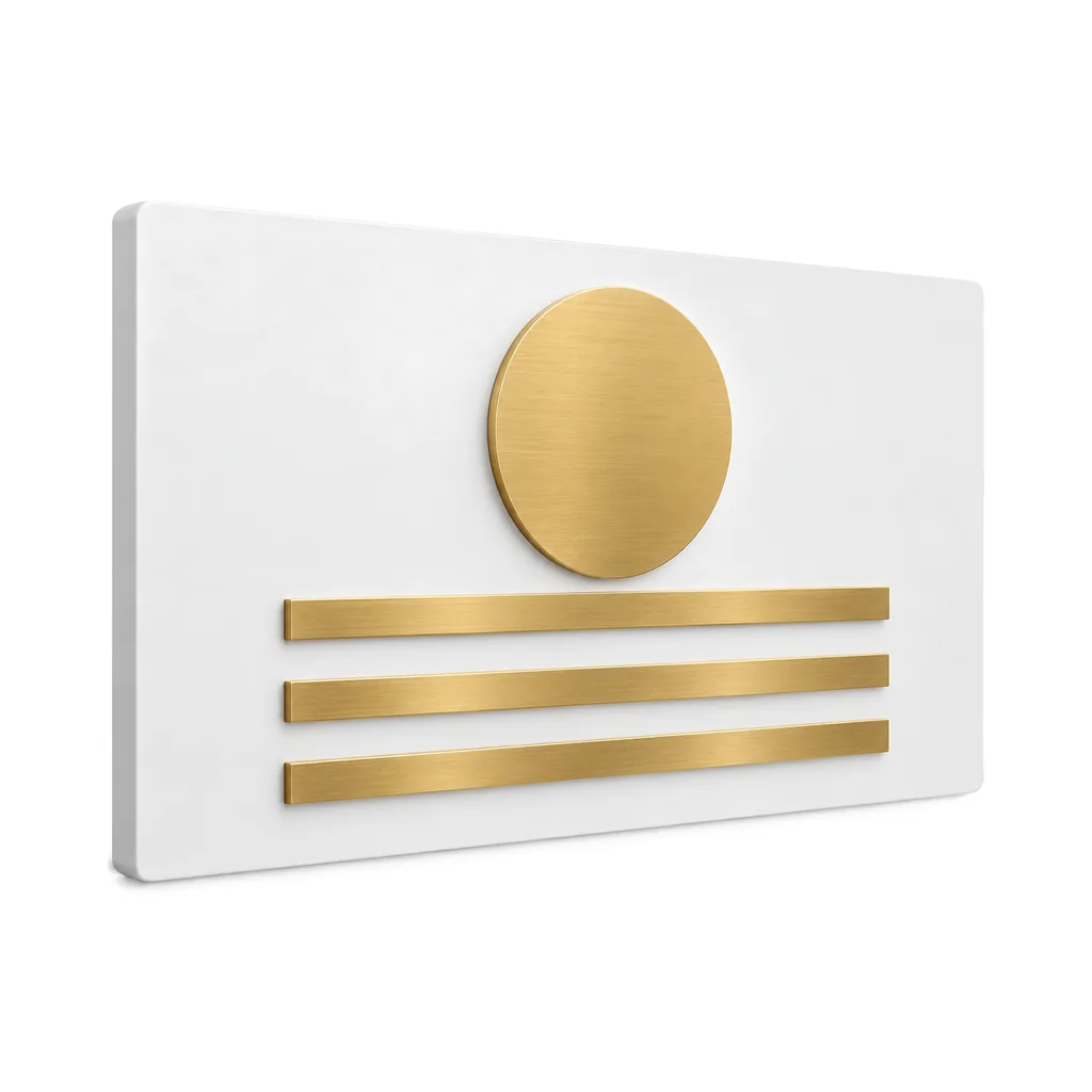 Matte white backer panel with an abstract gold metal logo mark of a circle and three bars, unlit