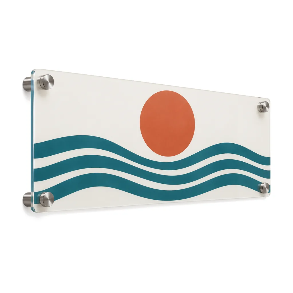 Printed acrylic panel with a terracotta sun and teal waves, held off the wall on four brushed stainless standoffs