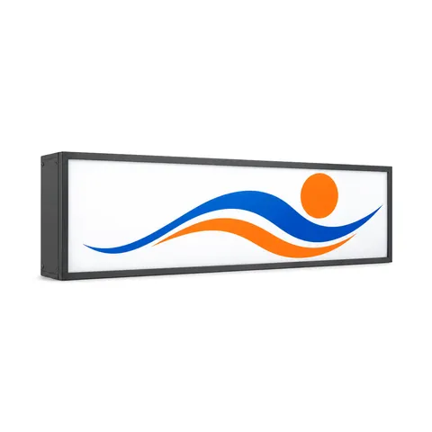 Caja de luz LED rectangular, gabinete metálico gris oscuro y cara con gráfico azul y naranja, sobre fondo blanco