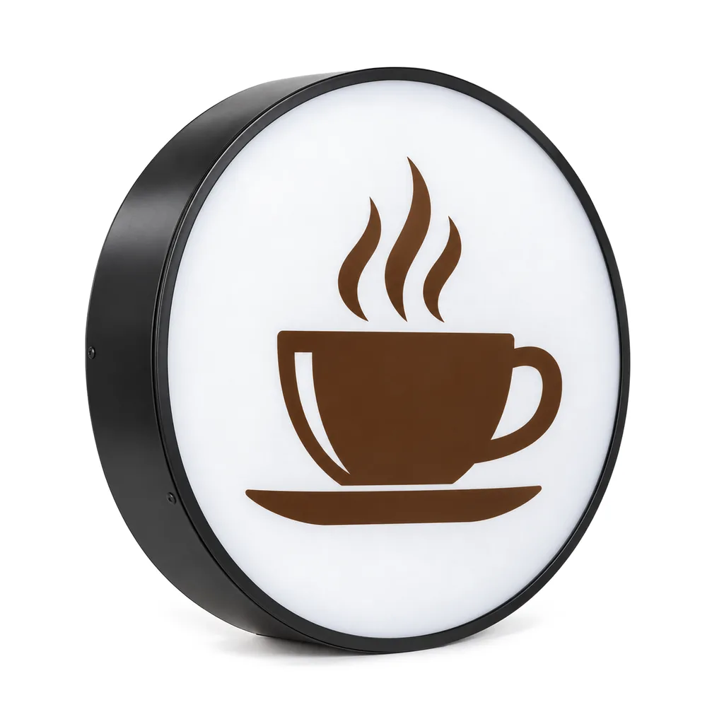 Caja de luz LED redonda con aro metálico negro delgado y un pictograma de taza de café marrón, sobre fondo blanco