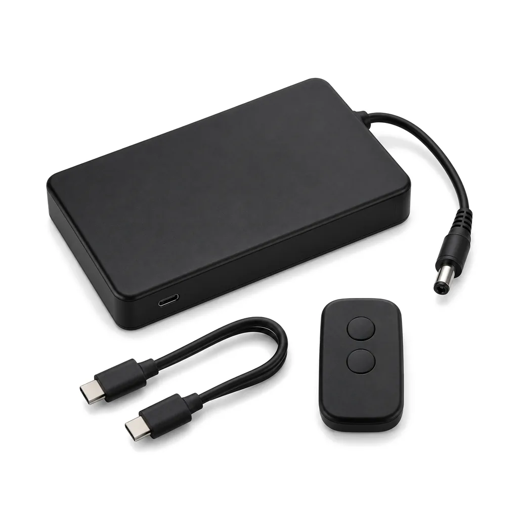 Slim matte black rechargeable battery box with a DC lead, a short USB-C cable and a small two-button remote, on white