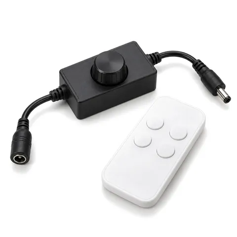 Small black inline 12 V LED dimmer with a round knob and barrel-connector leads, next to a white RF remote, on white