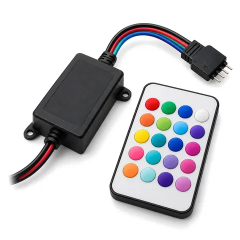 Small black RGB LED controller with a four-pin connector beside a slim remote with colored buttons, on white