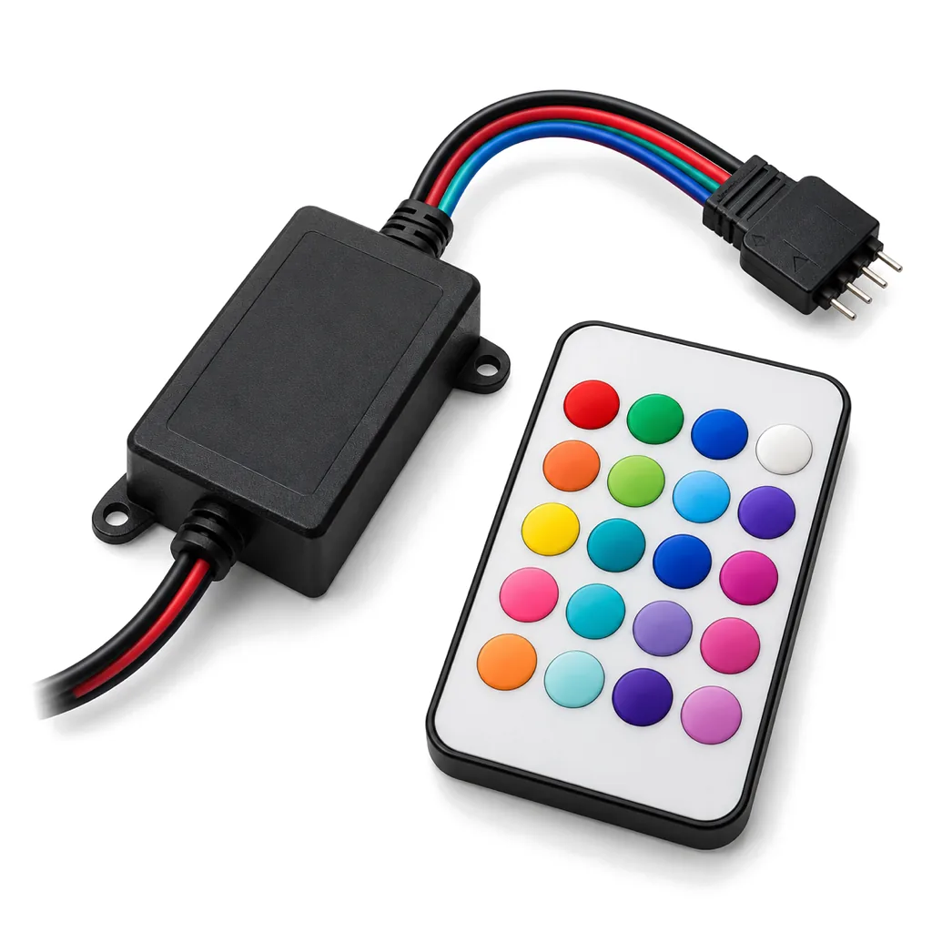 Small black RGB LED controller with a four-pin connector beside a slim remote with colored buttons, on white