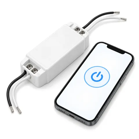 Small white inline Wi-Fi switch with input and output leads beside a smartphone showing a round power button, on white