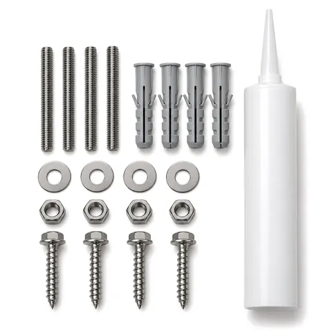Flat lay of sign mounting hardware: stainless threaded studs, grey anchors, washers, nuts, screws and a caulk tube