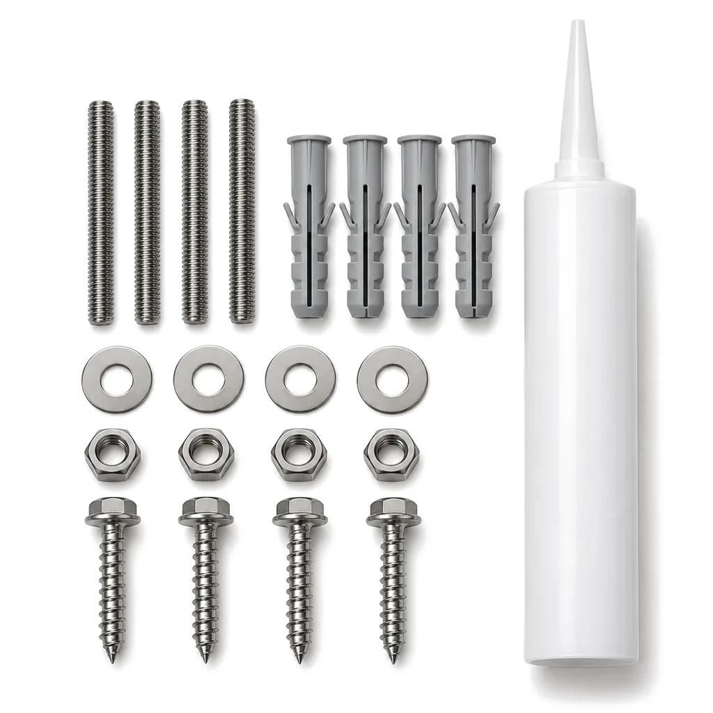 Flat lay of sign mounting hardware: stainless threaded studs, grey anchors, washers, nuts, screws and a caulk tube