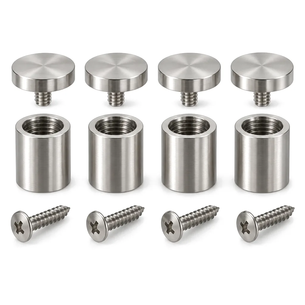 Four brushed stainless steel sign standoffs, each taken apart into cap, barrel and screw, laid in a row, on white
