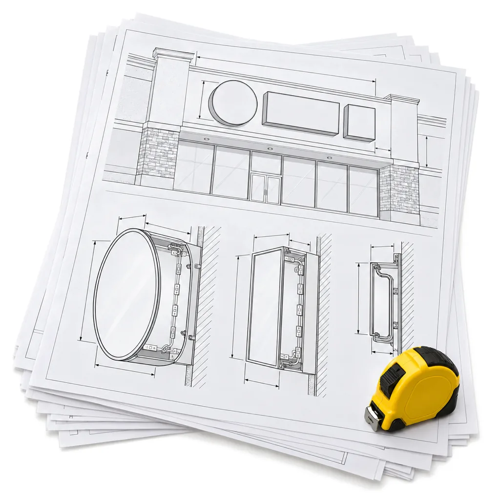 Fanned stack of large sign drawing sheets with line drawings and dimension lines, a yellow tape measure on top, on white