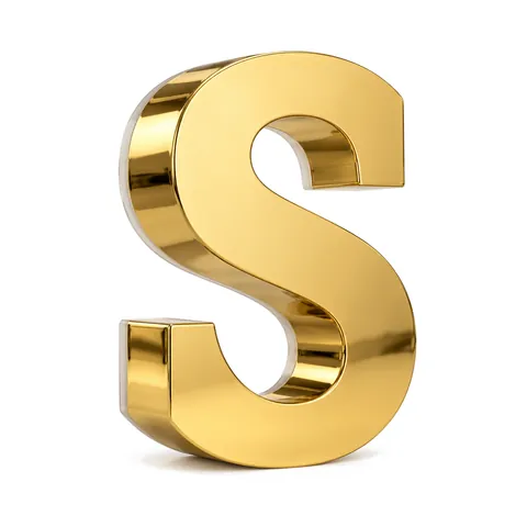 Letra S de canal con efecto halo en acero inoxidable dorado espejo, apagada, sobre fondo blanco