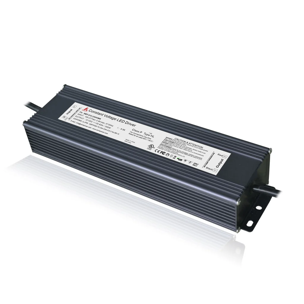 A constant voltage LED driver with a black, ribbed exterior and labeled specifications on the top, designed for LED sign power management.