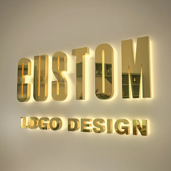 3D metallic letters "CUSTOM LOGO DESIGN" with backlit glow on a white wall.