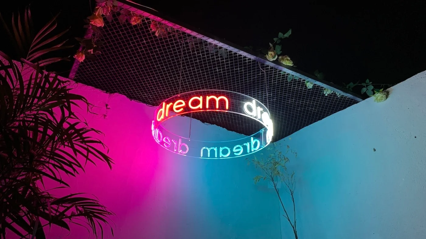 Circular neon sign with the word "dream" repeated, half in red and half in blue, hanging from a ceiling with a wire grid decorated with flowers. The sign casts a colorful glow against the pink and blue illuminated walls, creating a dreamy and artistic atmosphere.