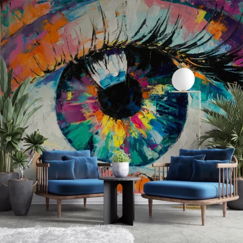 Vibrant mural of a colorful eye as the focal point in a modern living area. The abstract artwork features bold, multi-colored brush strokes, creating a striking and dynamic visual. The room is furnished with two blue cushioned chairs, a small black table, and various potted plants, combining contemporary design with artistic flair. The overall ambiance is creative and inviting.