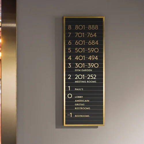 A black directory sign with gold trim mounted on a gray wall lists the floor numbers and room ranges of a building. The floors are numbered from 8 down to -1, with corresponding room numbers and amenities. Floor 3 includes "GYM GARDEN," floor 2 includes "MEETING ROOMS," and floor 1 lists "PAUL'S." The lobby, "AMERICAIN," "GRETAS," and restrooms are on floor 0. Additional restrooms are located on floor -1.