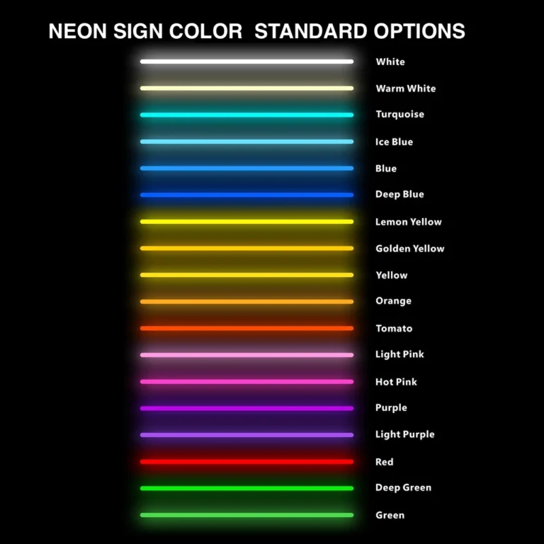 Color chart displaying various neon sign tube colors including White, Warm White, Deep Blue, Lemon Yellow, Yellow, Ice Blue, Tomato, Light Pink, and Hot Pink.