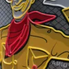 Close-up of a neon sign highlighting the cowboy's red bandana and yellow shirt, with intricate neon tubing details.