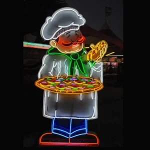 Neon sign of a smiling chef holding a large pizza, set in a food court.