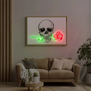 Neon sign of a skull with a red rose in its teeth on a white canvas in a modern living room with a beige sofa and wooden table.